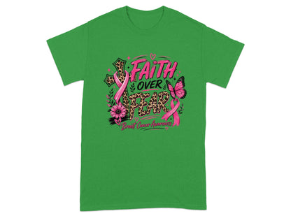 Green t-shirt with "Faith Over Fear" and breast cancer awareness ribbon design.