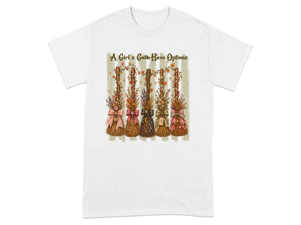 Five decorative brooms with bows and charms, and text "A Girl's Gotta Have Options".