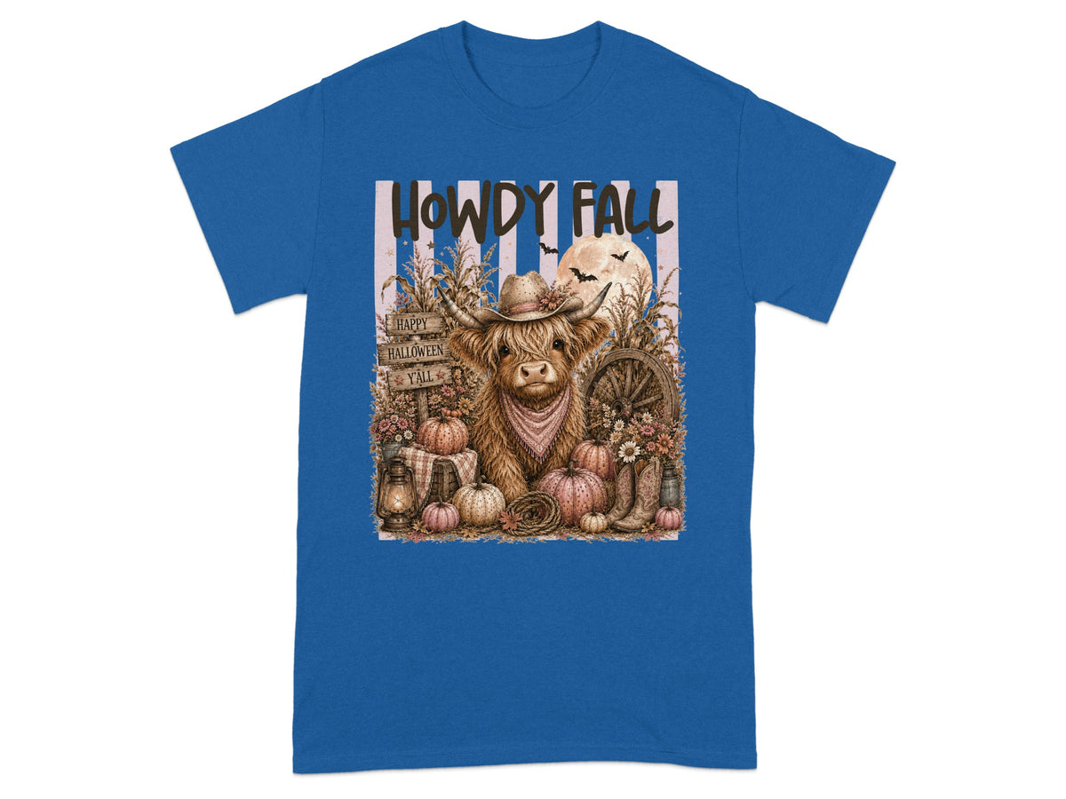 "Howdy Fall" shirt with a Highland cow, pumpkins, and Halloween signs.