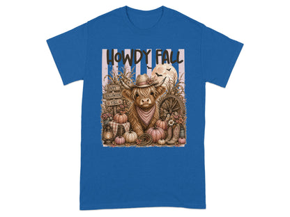 "Howdy Fall" shirt with a Highland cow, pumpkins, and Halloween signs.