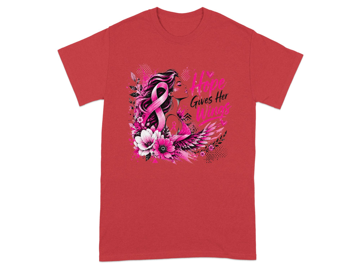 T-shirt with woman, pink ribbon, flowers, and text "Hope Gives Her Wings".