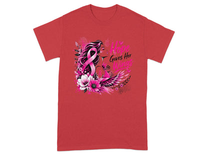T-shirt with woman, pink ribbon, flowers, and text "Hope Gives Her Wings".