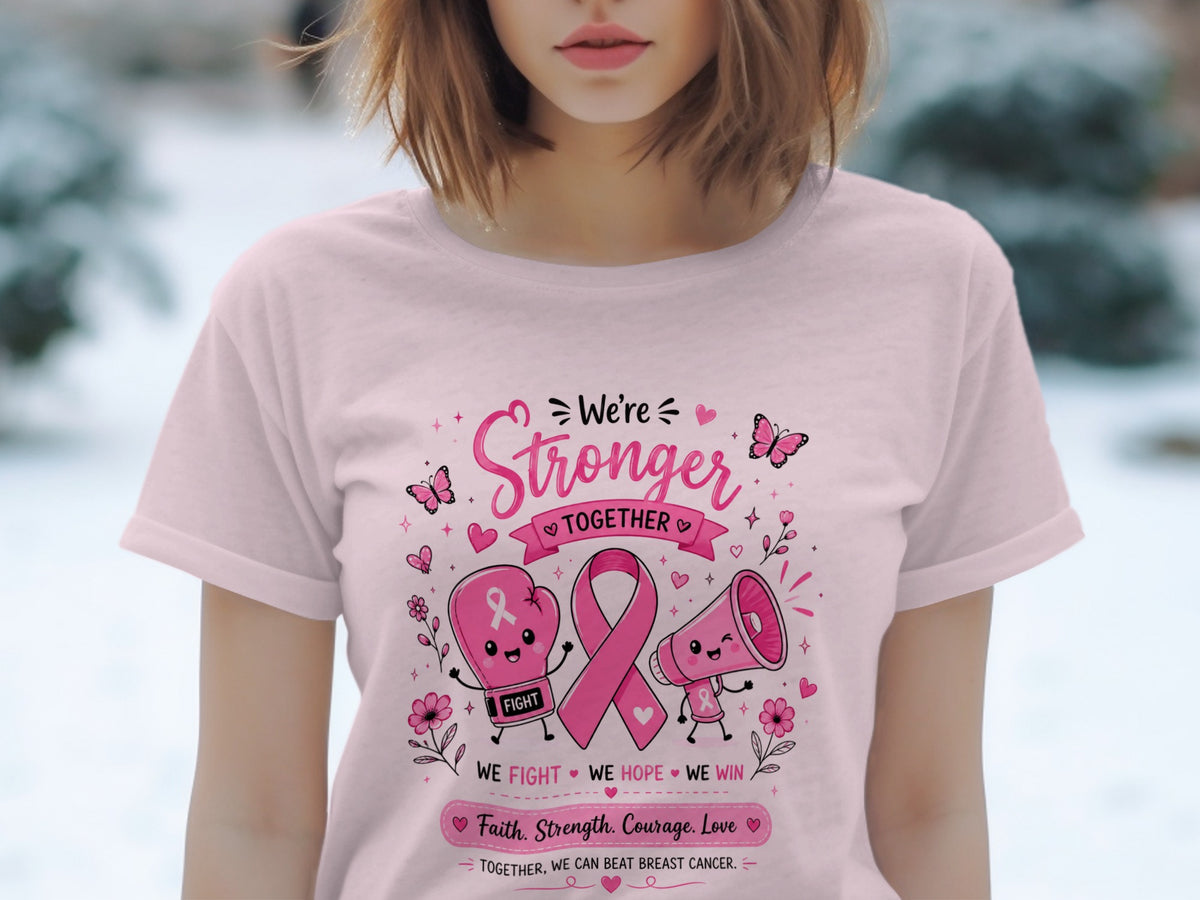 Pink t-shirt with breast cancer awareness graphics: boxing glove, ribbon, megaphone, butterflies.