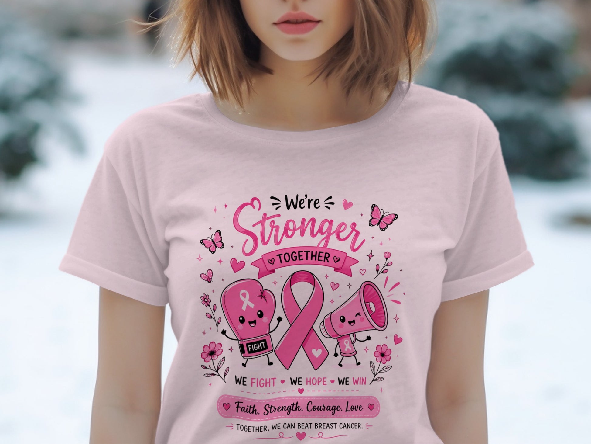 Pink t-shirt with breast cancer awareness graphics: boxing glove, ribbon, megaphone, butterflies.