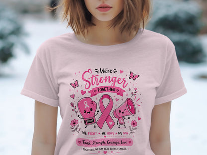 Pink t-shirt with breast cancer awareness graphics: boxing glove, ribbon, megaphone, butterflies.