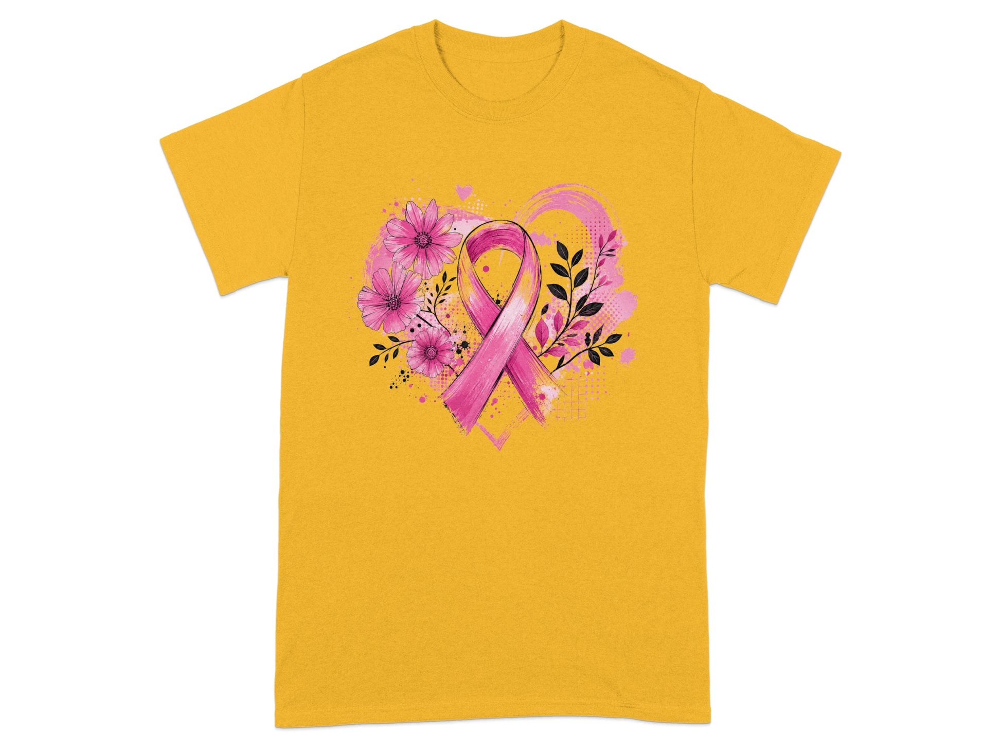 Yellow t-shirt with pink ribbon, flowers, and heart design.
