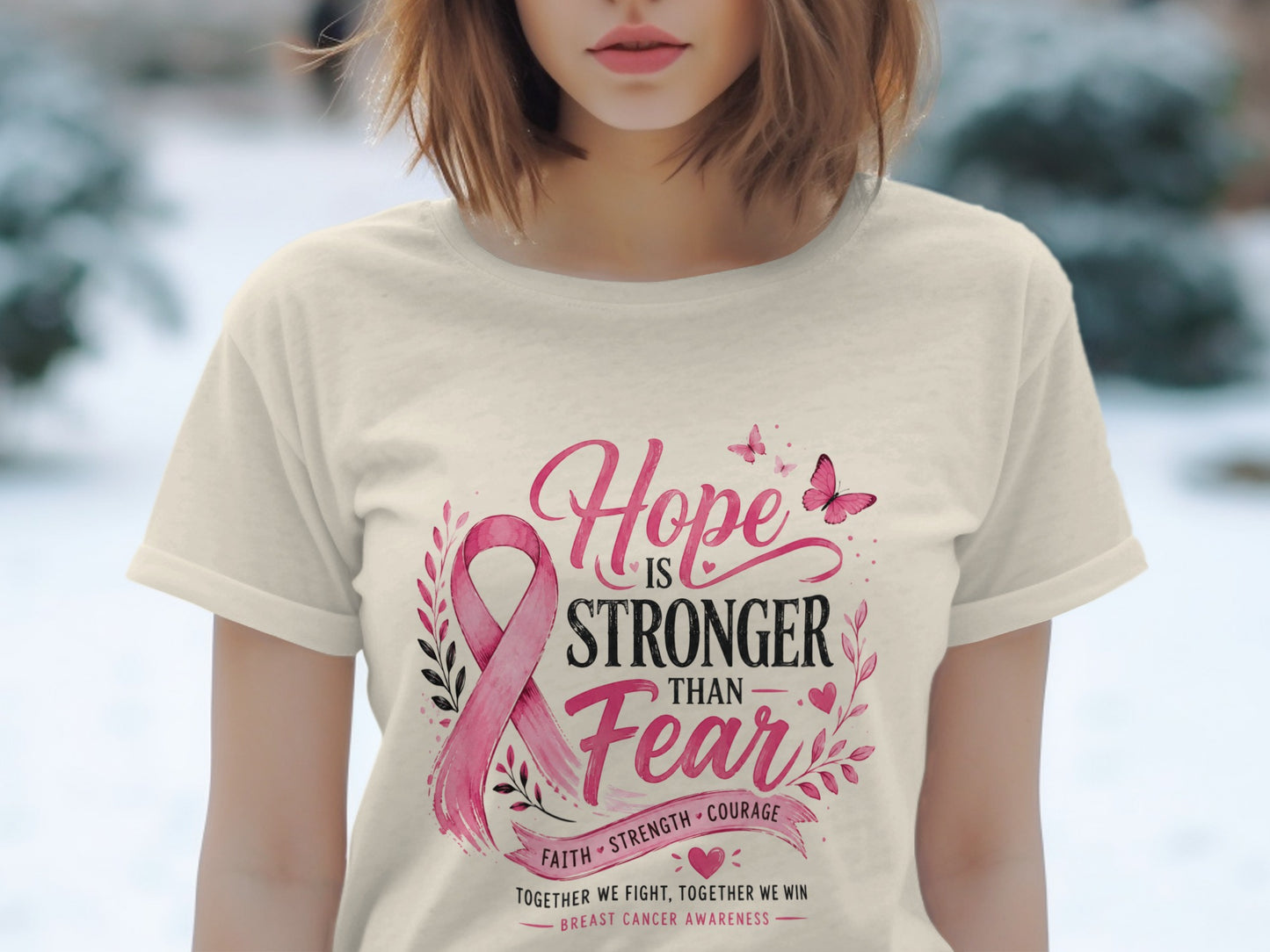 Light cream t-shirt with pink breast cancer ribbon and "Hope is Stronger Than Fear" text.