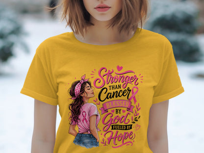 Yellow t-shirt with graphic reading "Stronger Than Cancer Blessed By God Fueled By Hope."