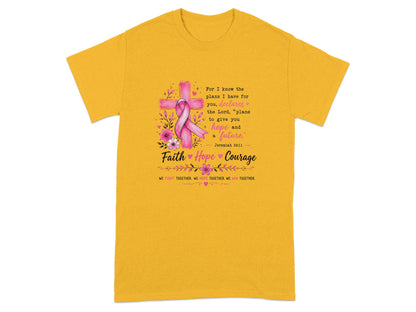 Yellow t-shirt with a pink cross, ribbon, flowers, and scripture text.