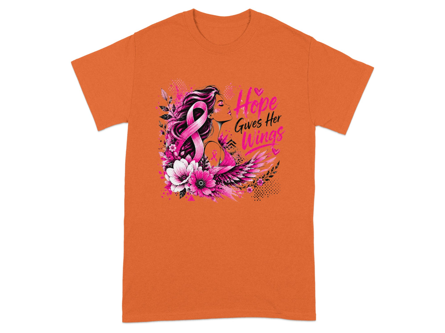 Orange t-shirt with breast cancer awareness graphic and text "Hope Gives Her Wings".