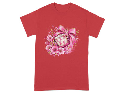 Red t-shirt with a pink ribbon adorned football and flowers.