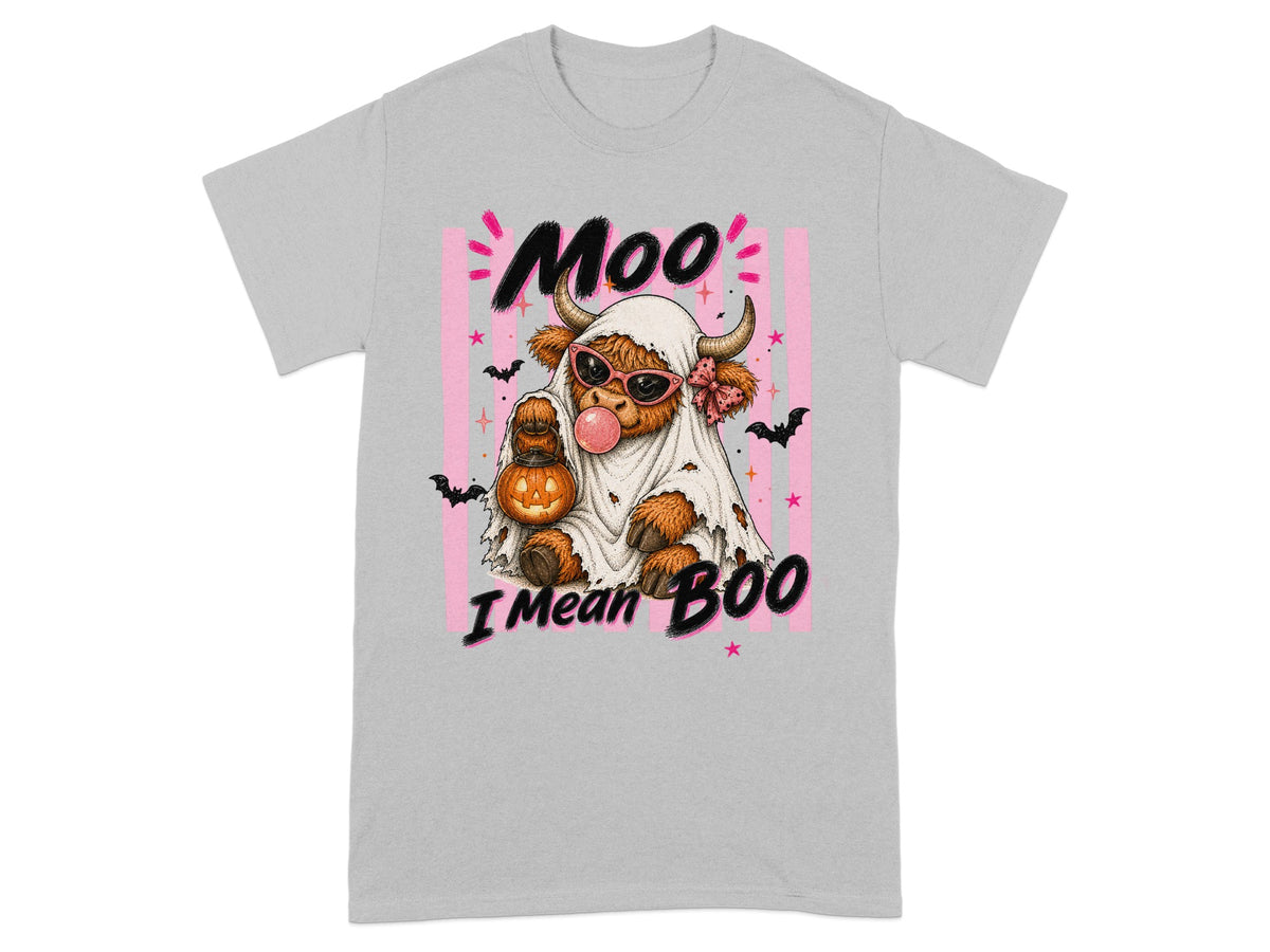 Highland cow in ghost costume with pumpkin, bubblegum, and text "Moo I Mean Boo".