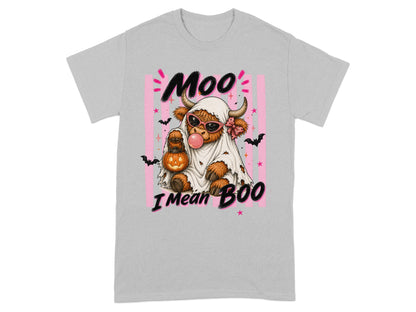 Highland cow in ghost costume with pumpkin, bubblegum, and text "Moo I Mean Boo".