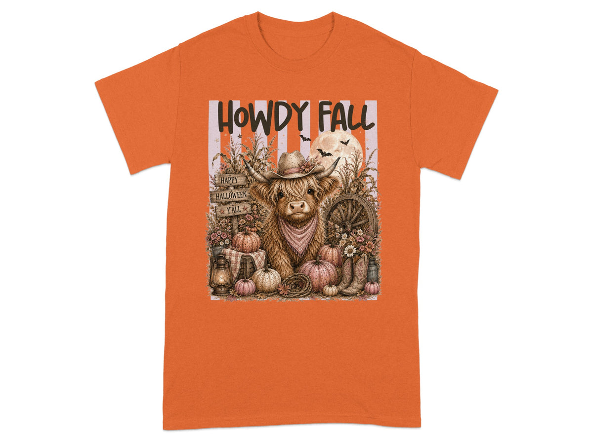 Howdy Fall graphic with Highland cow, pumpkins, and rustic decor.