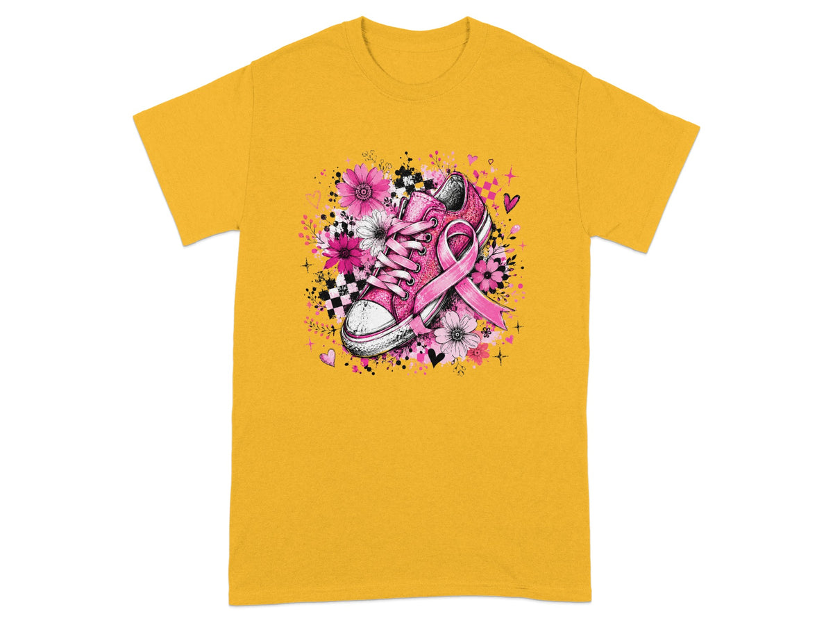 Yellow t-shirt with pink sneaker, pink ribbon, and floral design.