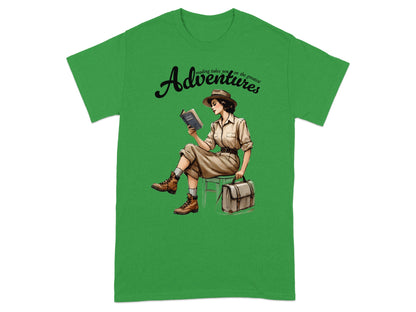 Green t-shirt with "Adventures reading takes you on the greatest" and explorer reading.