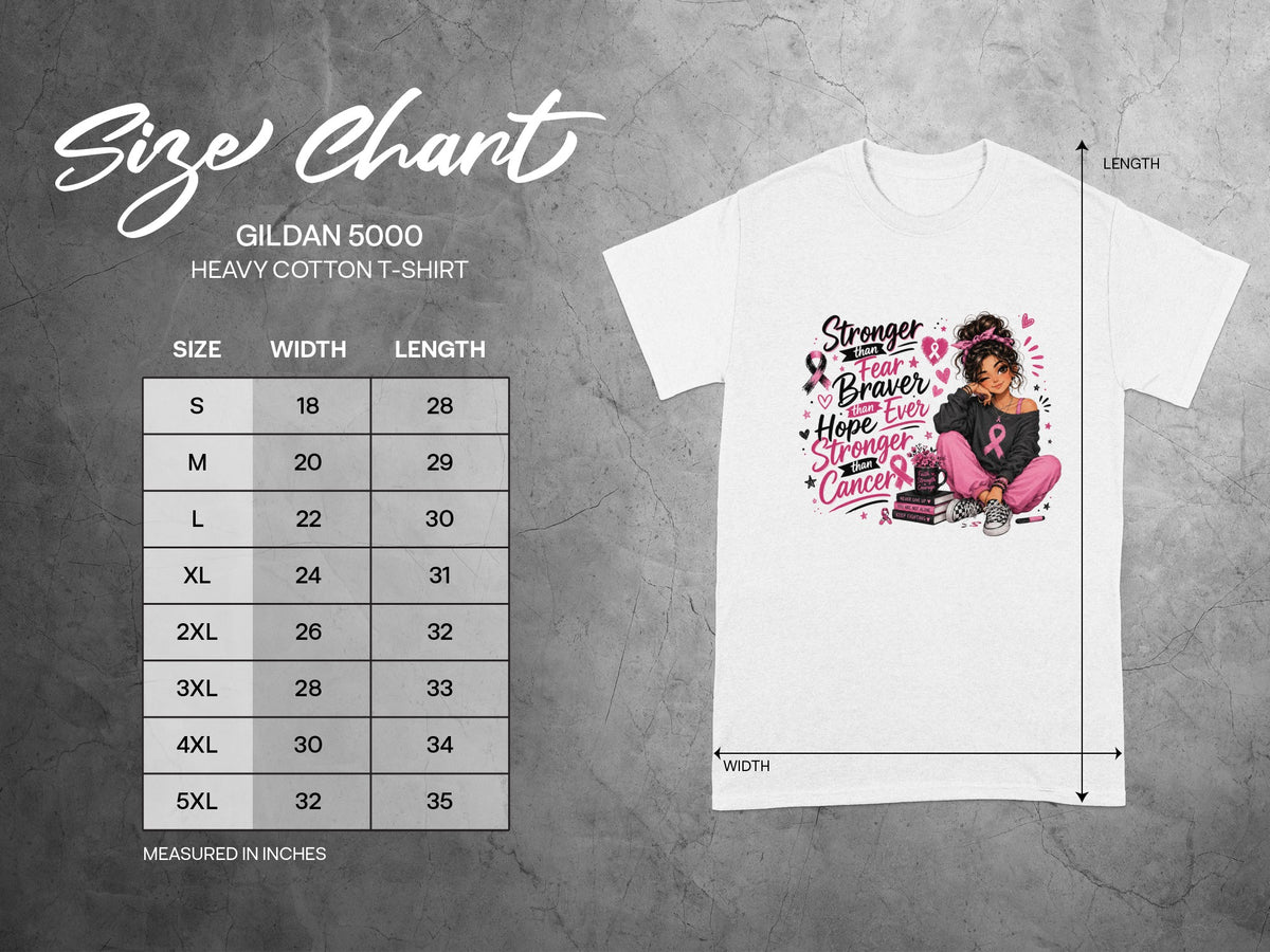 Gildan 5000 Heavy Cotton T-Shirt size chart with breast cancer graphic.