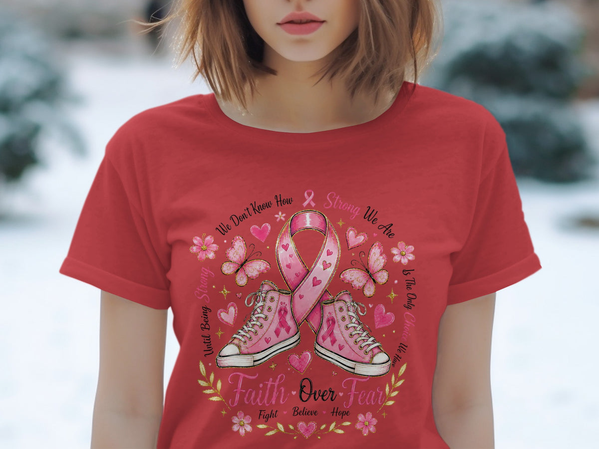 Pink Converse-style sneakers with breast cancer ribbon and inspirational text.