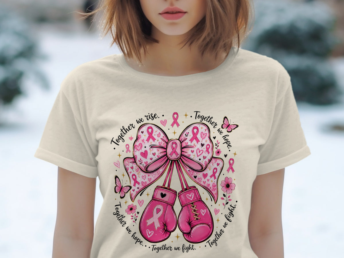 Pink boxing gloves and a bow with breast cancer ribbons and text.