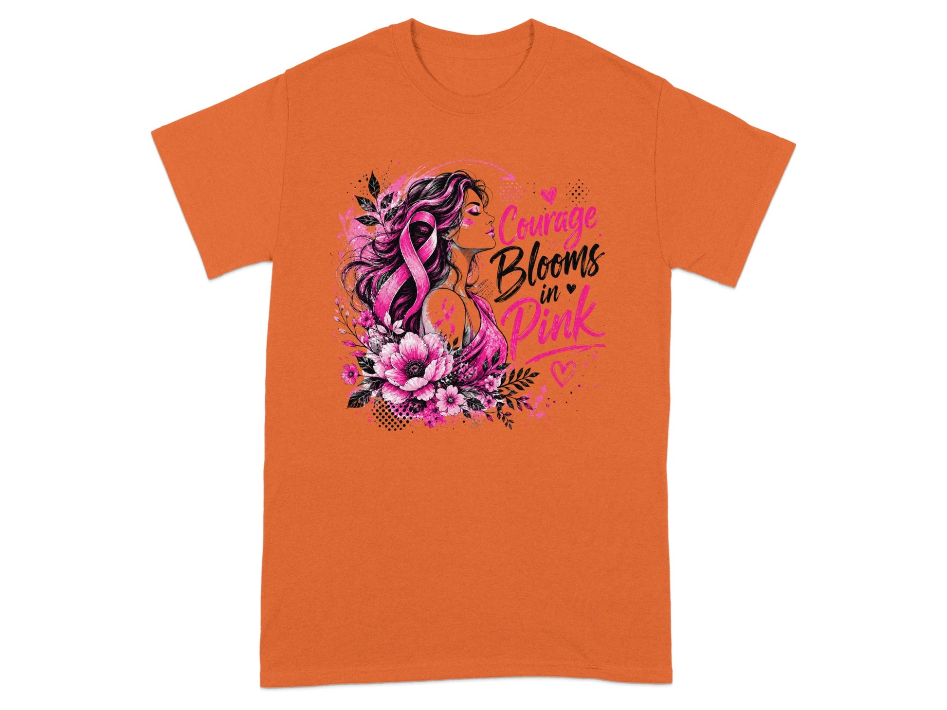 Orange t-shirt with illustration of a woman and pink ribbon, text "Courage Blooms in Pink".
