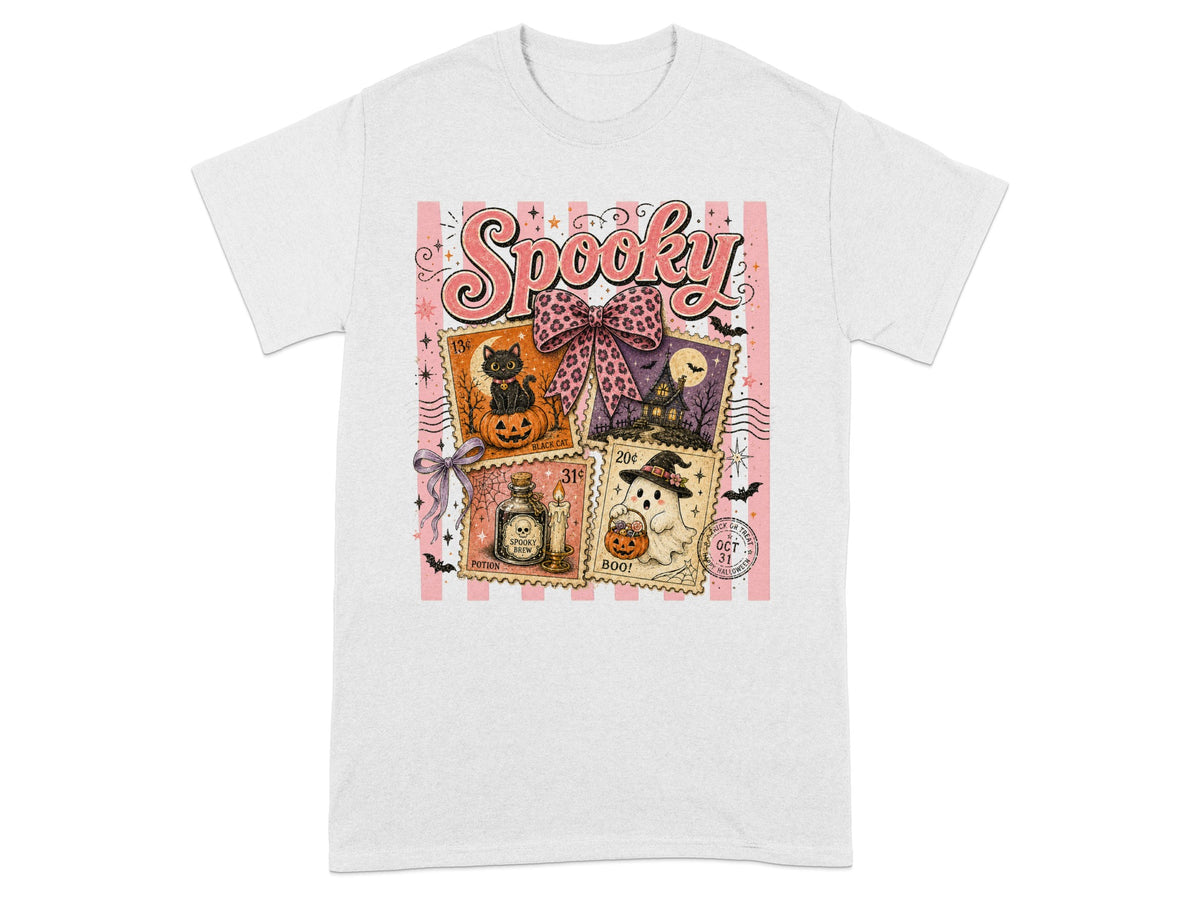 Spooky Halloween graphic with black cat, ghost, potion, and haunted house stamps.