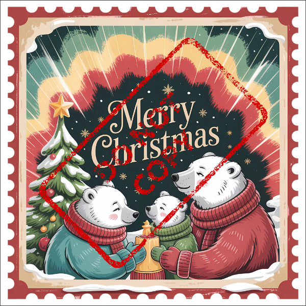 Polar bear family with Christmas tree and "Merry Christmas" text, with red stamp overlay.