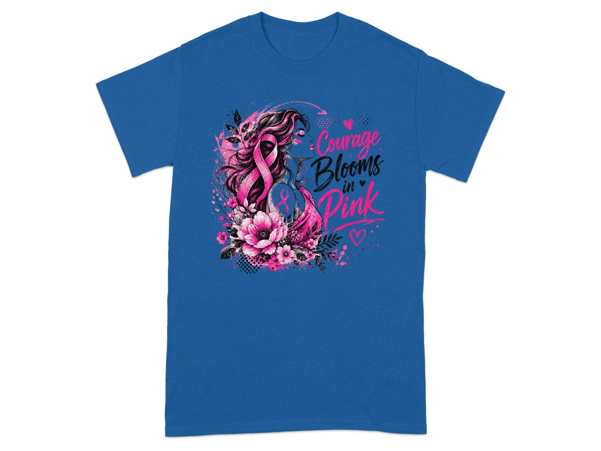 Blue t-shirt with "Courage Blooms in Pink" and breast cancer ribbon graphic.