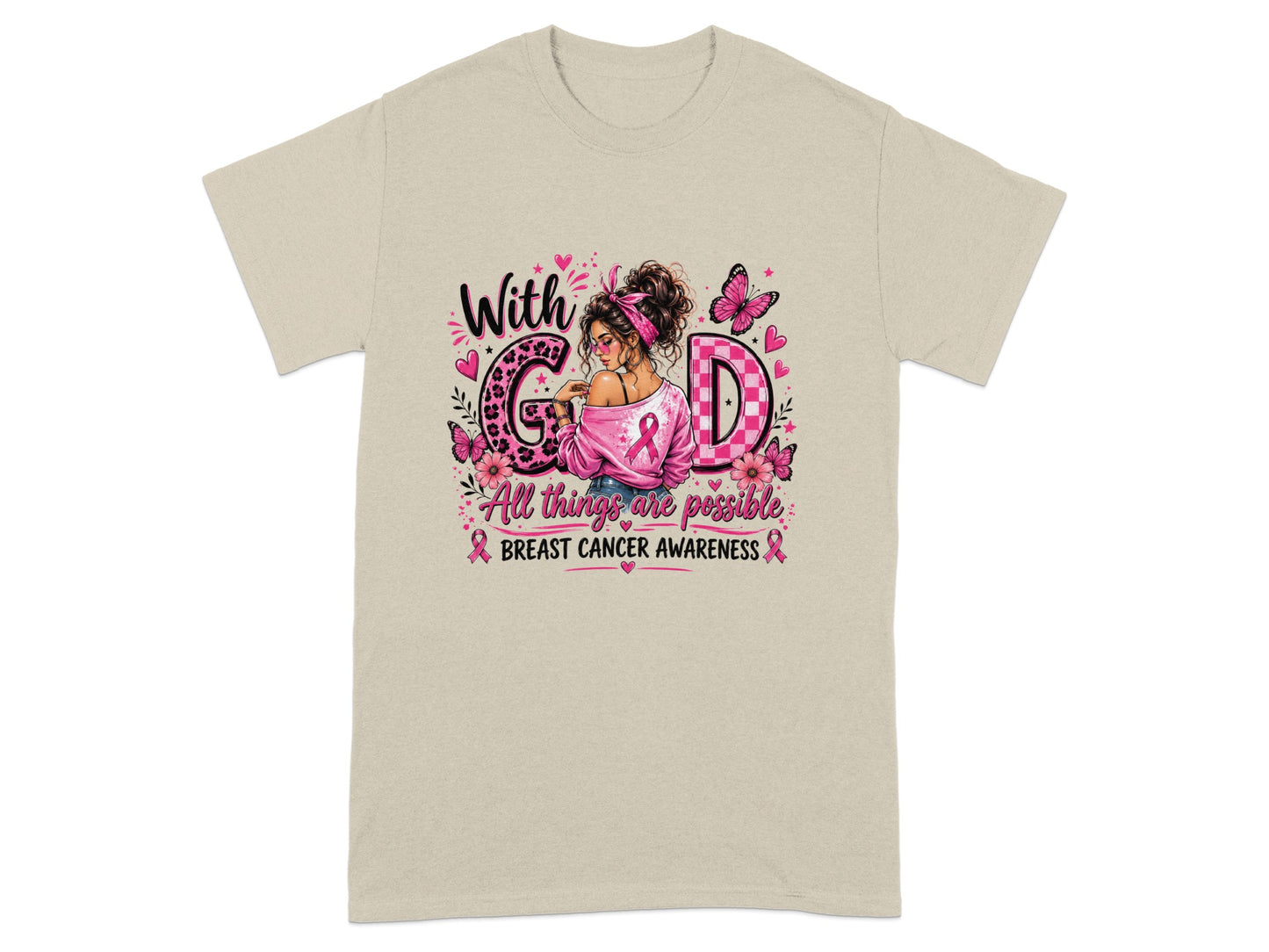 T-shirt graphic with "With God" and breast cancer awareness ribbon and phrase.