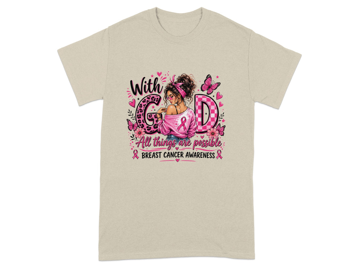 T-shirt graphic with "With God" and breast cancer awareness ribbon and phrase.