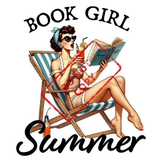 Retro woman in swimsuit reading a book on a beach chair, "Book Girl Summer" text.