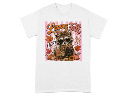 Raccoon with sunglasses and coffee, cat, pumpkins, and fall leaves with "Leaves Fall".