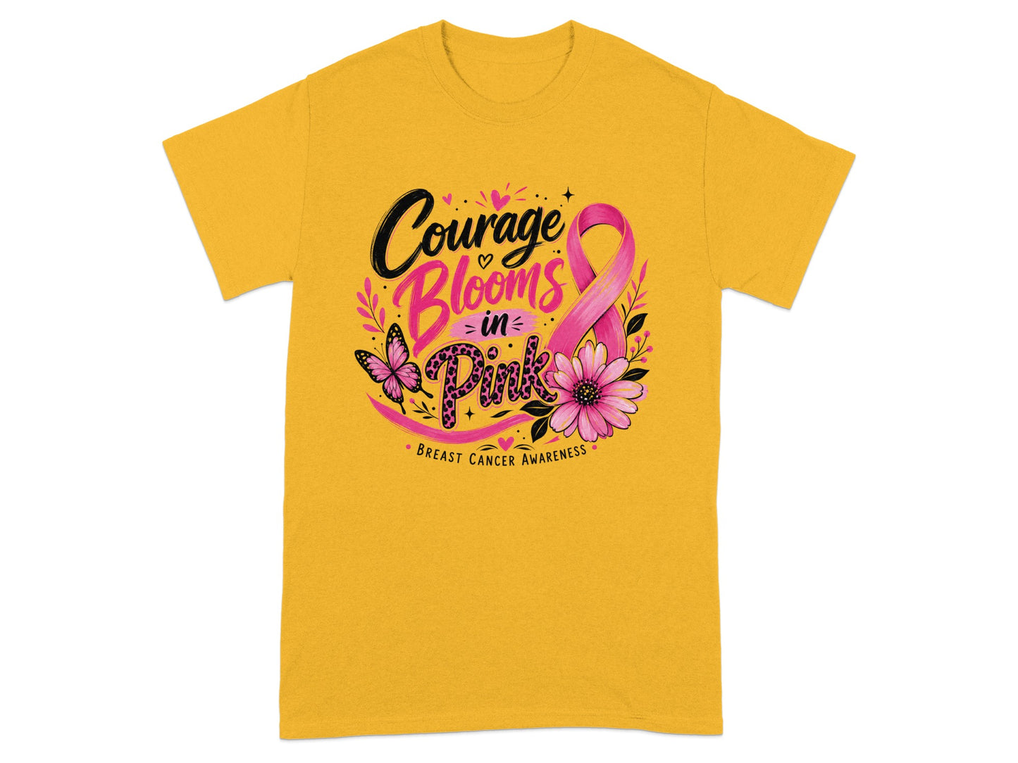 Yellow t-shirt with "Courage Blooms in Pink" and breast cancer awareness ribbon.