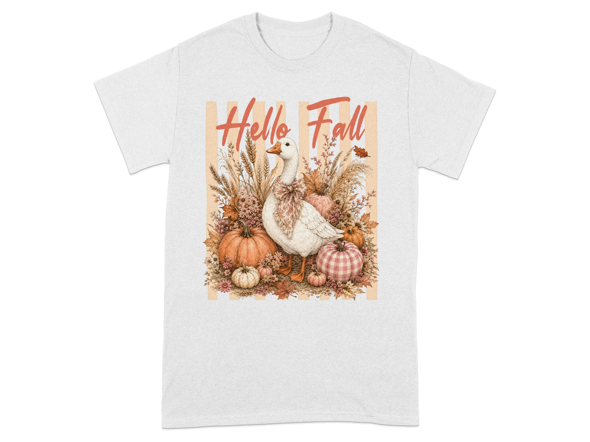 White t-shirt with a goose surrounded by pumpkins and fall foliage, reading "Hello Fall."