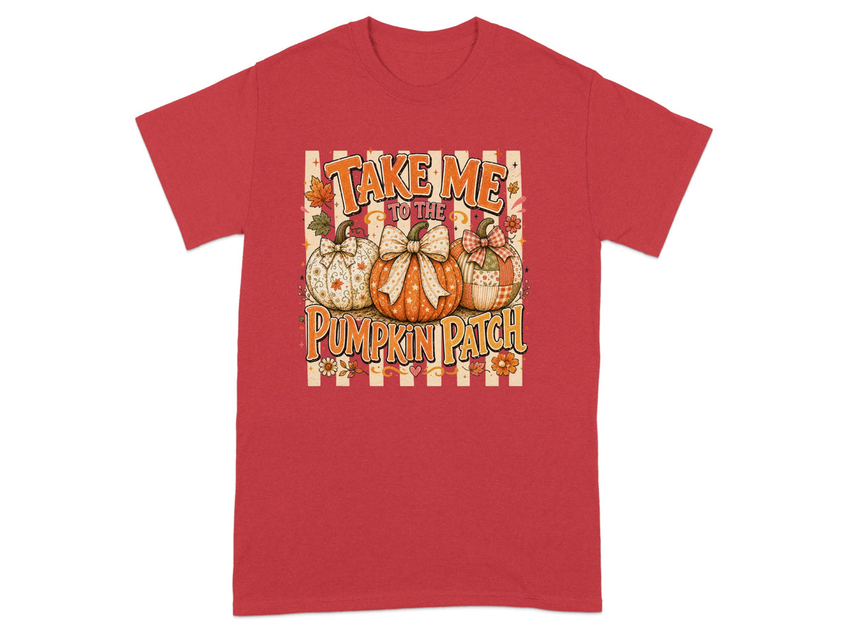 Red t-shirt with "Take me to the pumpkin patch" text and pumpkins graphic.