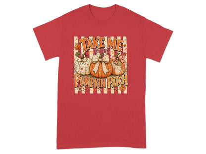 Red t-shirt with "Take me to the pumpkin patch" text and pumpkins graphic.