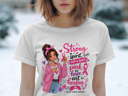 White t-shirt with woman and text: "Strong in spirit, soft in heart, pink for hope, art for healing."