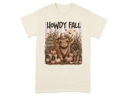 Highland cow with cowboy hat and bandana, surrounded by pumpkins and fall decor.