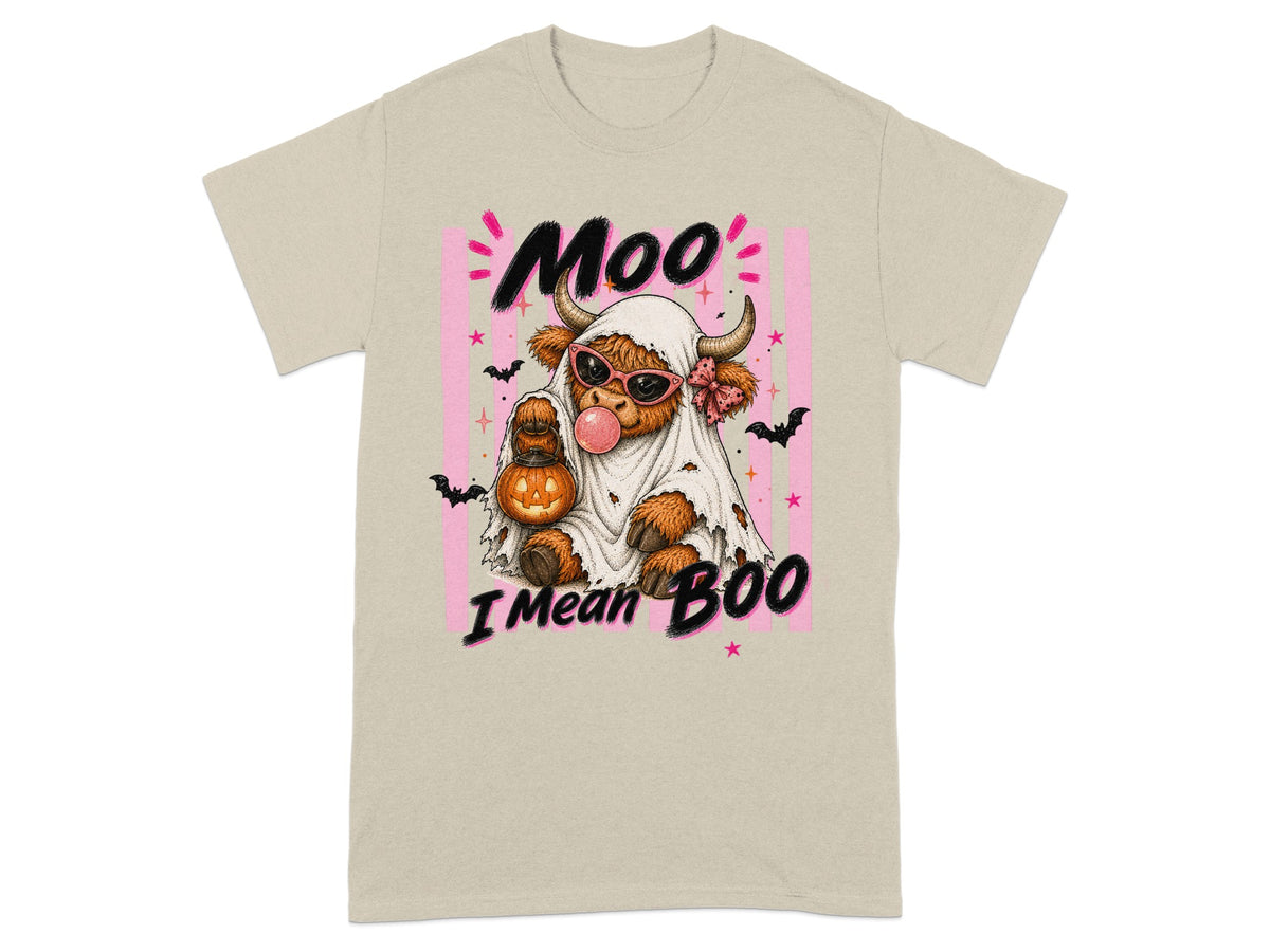 Highland cow ghost with pumpkin and bats, text "Moo I Mean BOO".