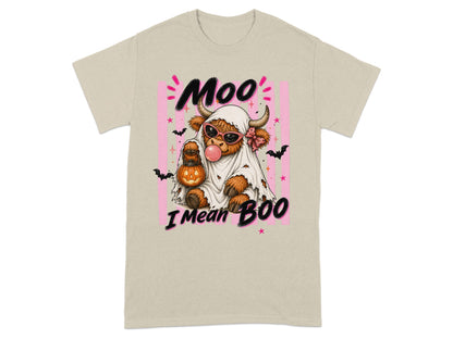 Highland cow ghost with pumpkin and bats, text "Moo I Mean BOO".