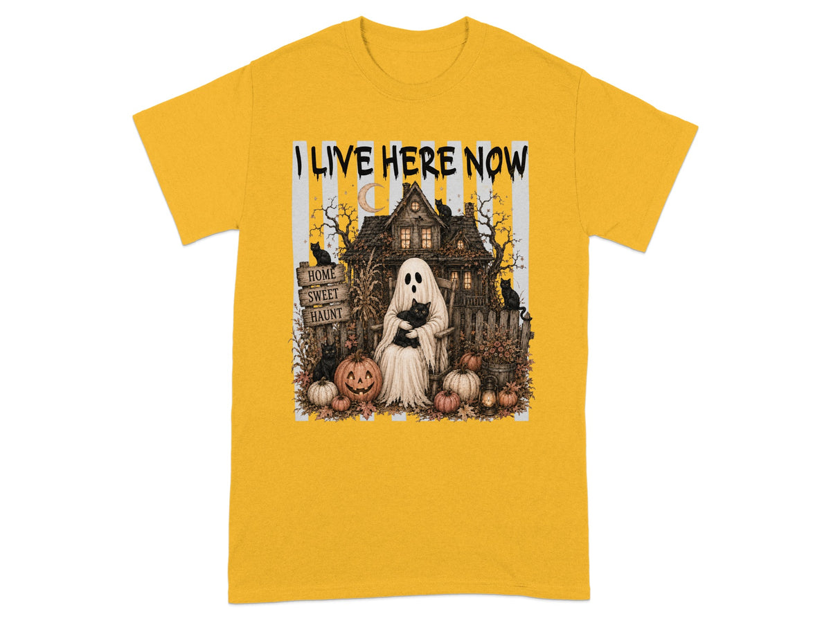 Ghost in a haunted house with "I Live Here Now" text.