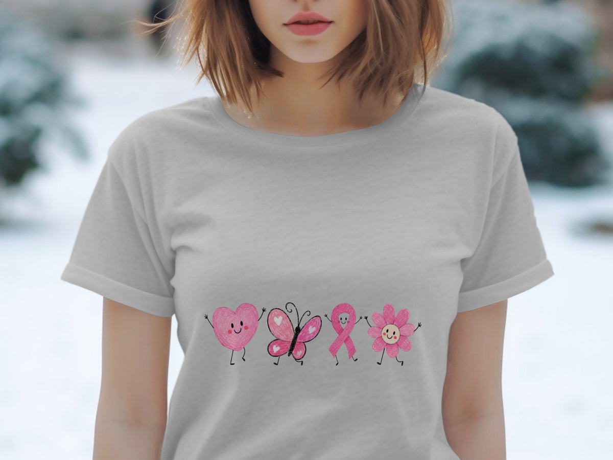 Gray t-shirt with cartoon pink heart, butterfly, ribbon, and flower graphic.