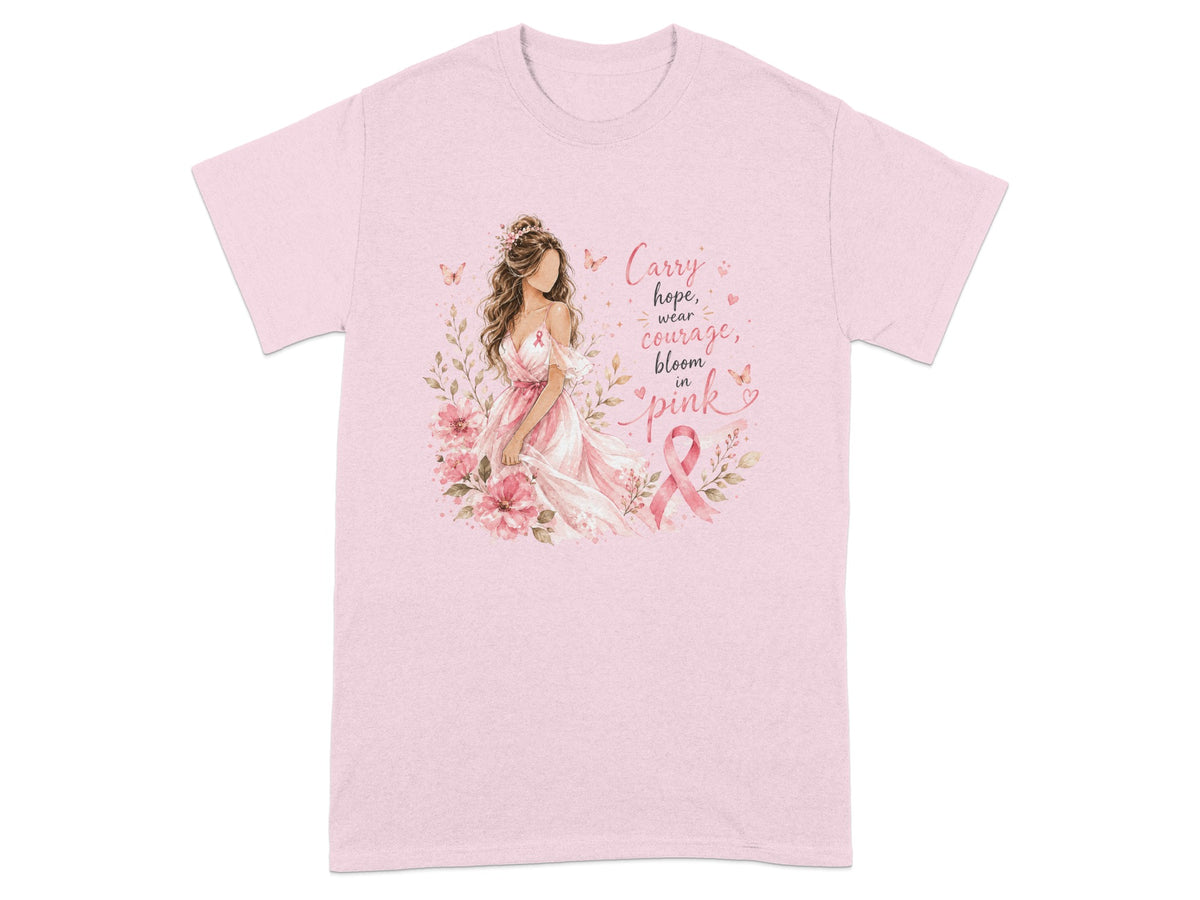 Pink t-shirt with woman, flowers, butterflies, and text "Carry hope, wear courage, bloom in pink".