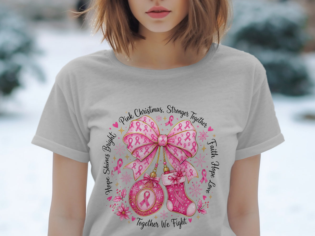 Pink Christmas, Stronger Together text surrounds a bow, ornament, and stocking with pink ribbons.