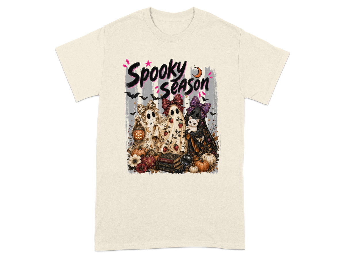 "Spooky Season" text above three ghosts, pumpkins, and Halloween decorations.