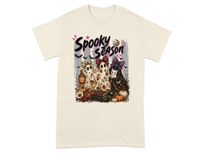 "Spooky Season" text above three ghosts, pumpkins, and Halloween decorations.