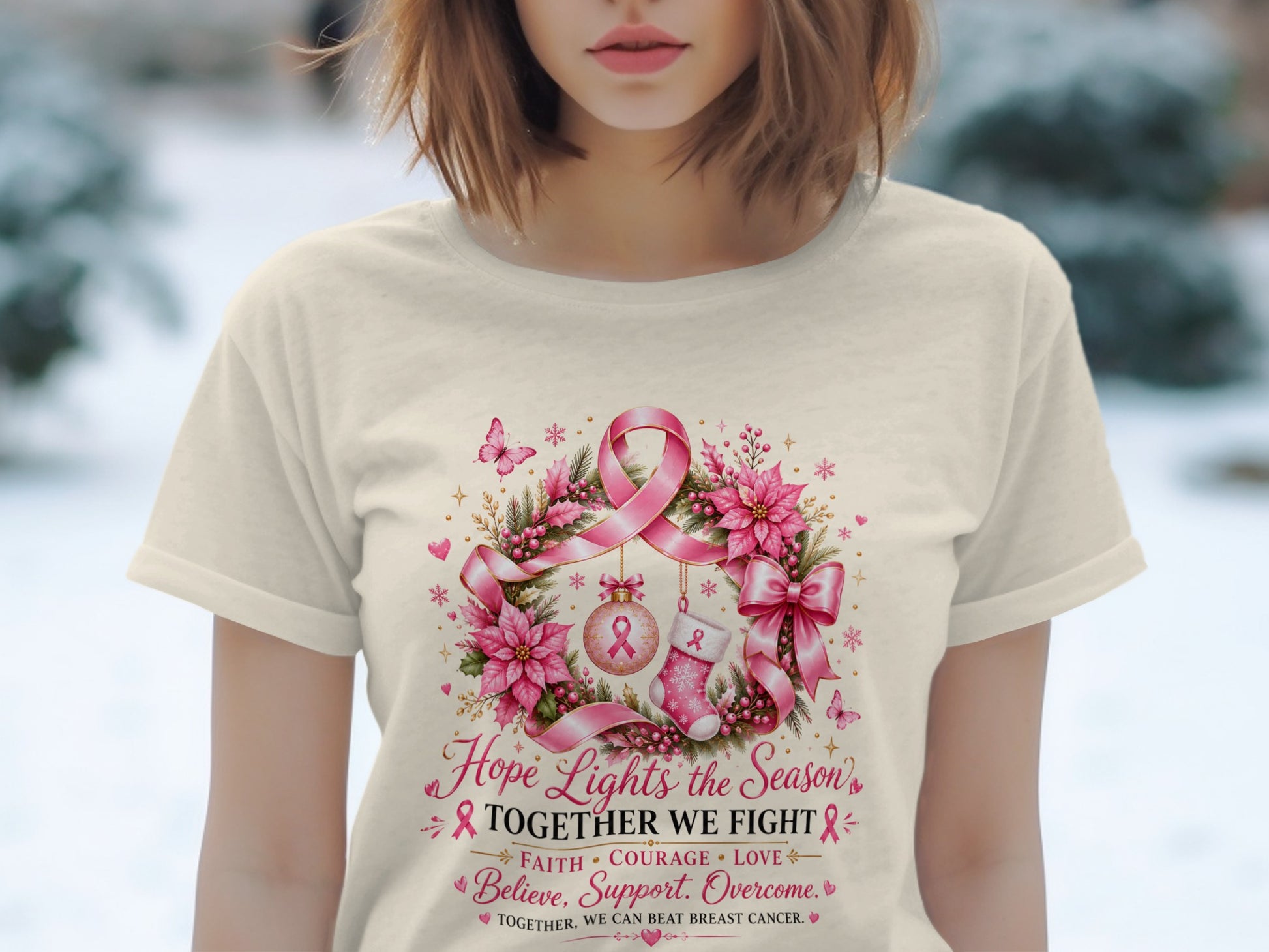 T-shirt with pink ribbon wreath and text "Hope Lights the Season' Together We Fight".