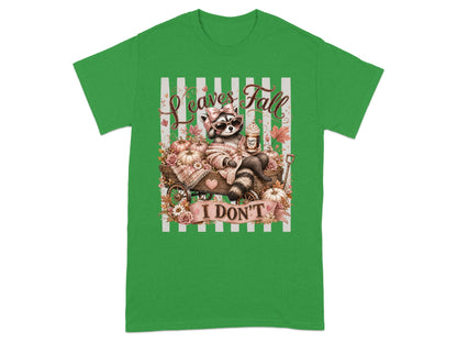 Raccoon in sunglasses with drink, surrounded by pumpkins, flowers, and the text "Leaves Fall I Don't."