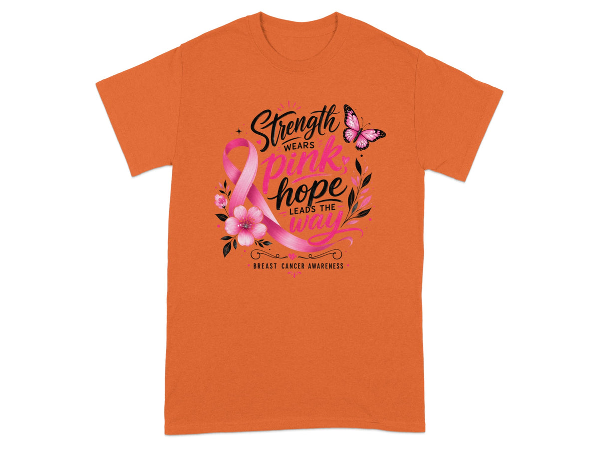 Orange t-shirt with pink breast cancer awareness ribbon and butterfly design.
