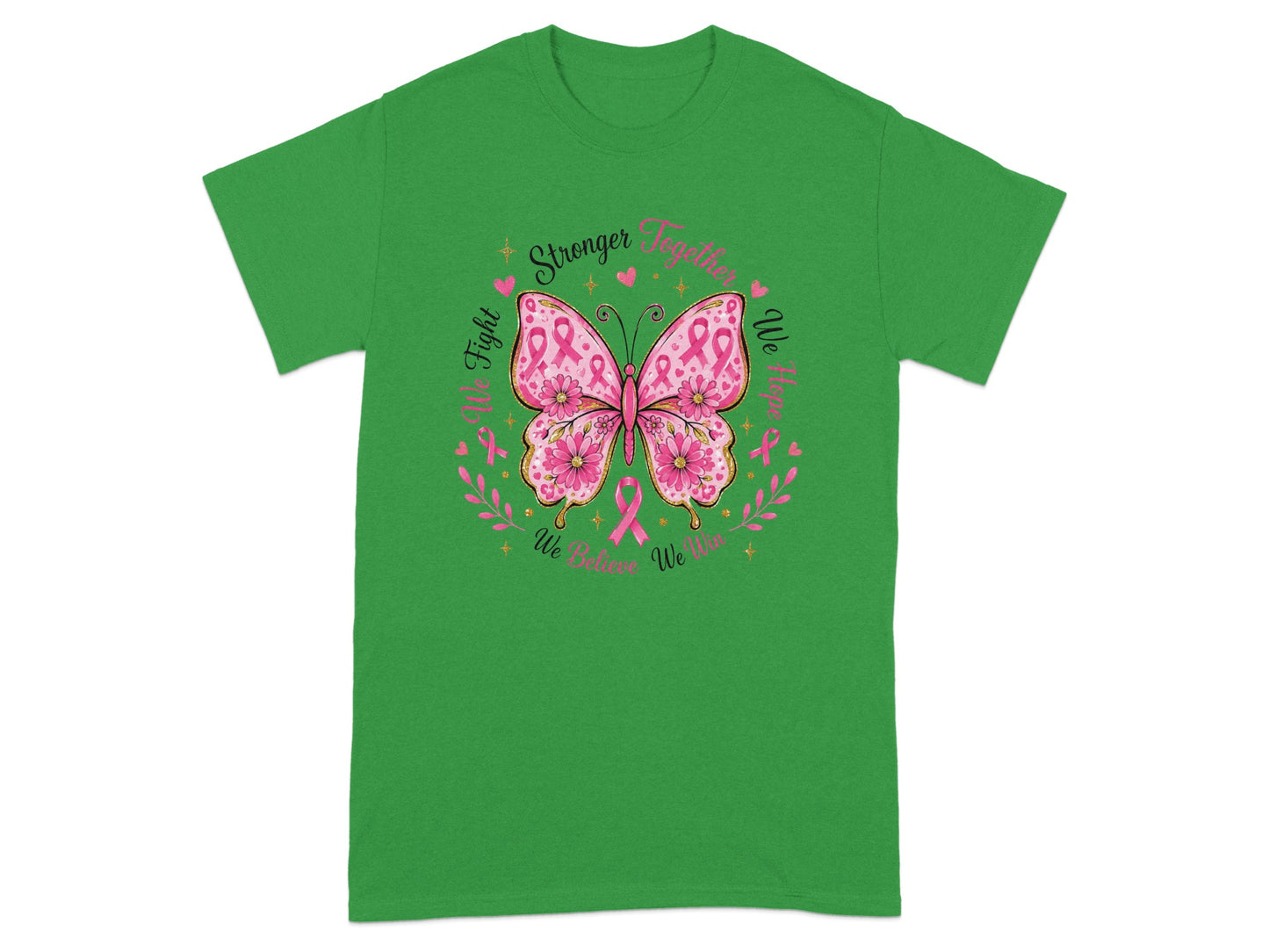 Green t-shirt with butterfly graphic and "Stronger Together" text.