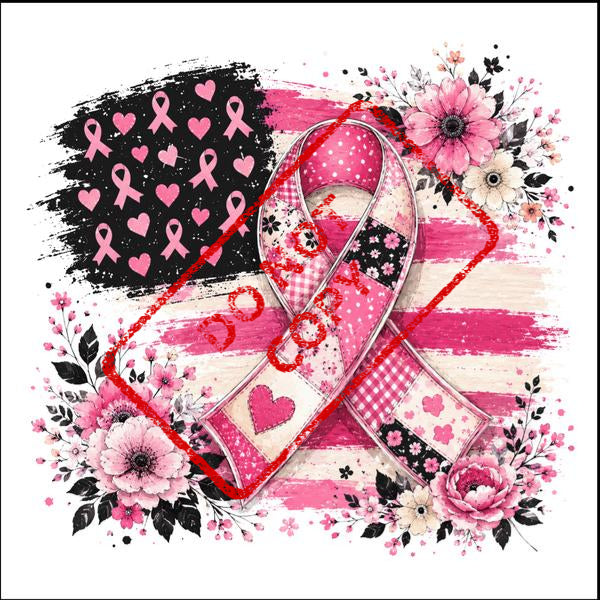 Pink ribbon with U.S. flag background and floral accents, "COPY" stamped.